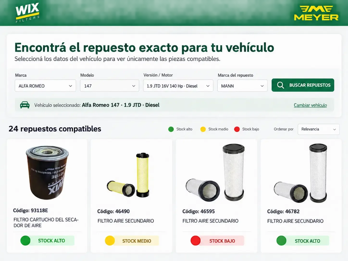 Buscador de repuestos compatibles por marca, modelo y versión del vehículo