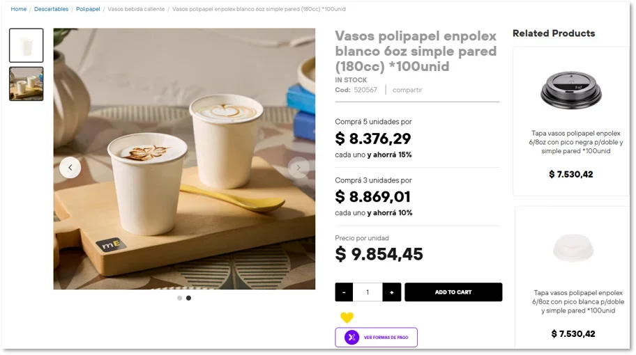 Producto con descuentos por cantidad: comprando 5 unidades se ahorra 15 %