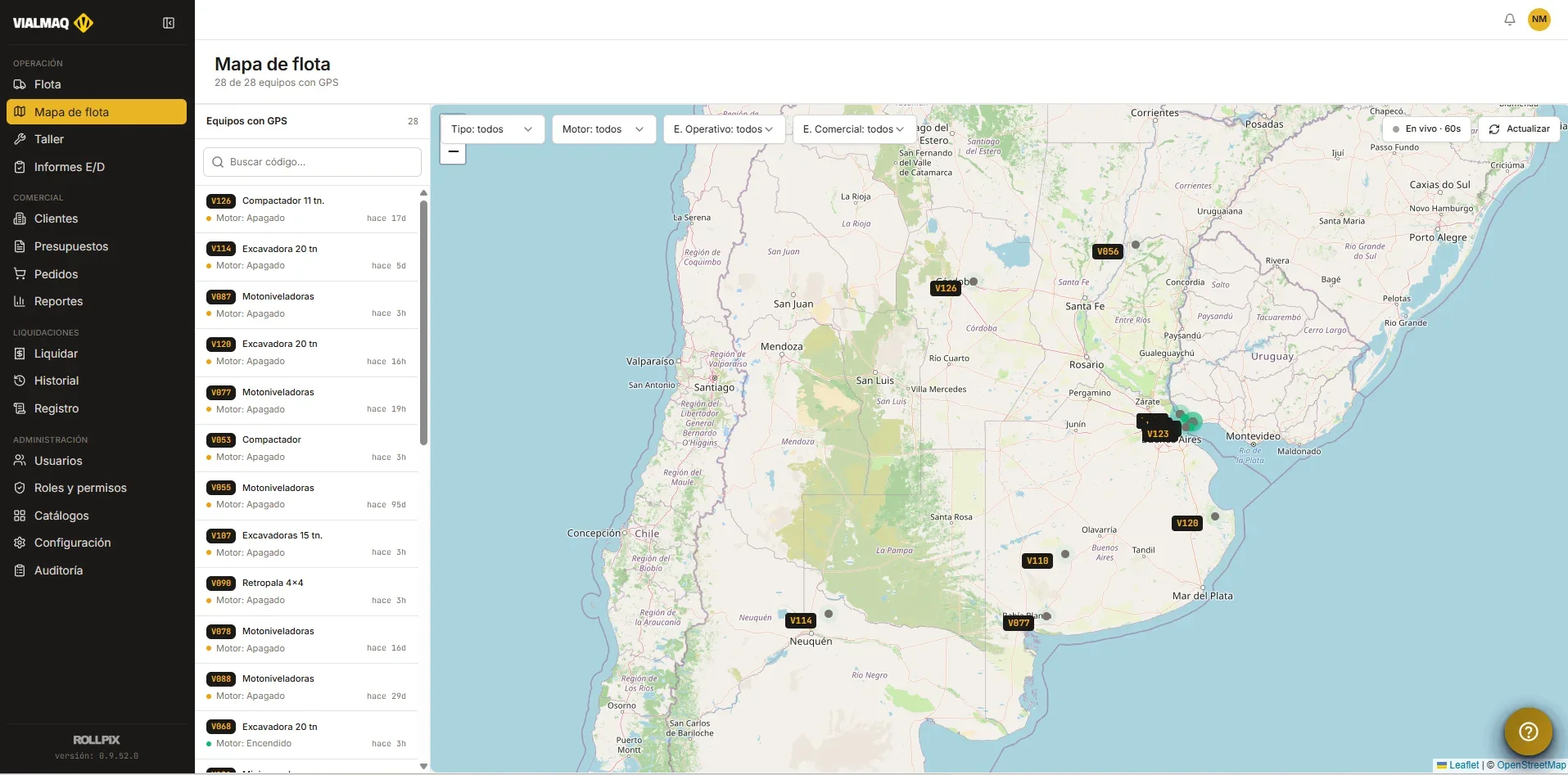 Mapa de flota de la web app, con la ubicación y el estado de cada equipo