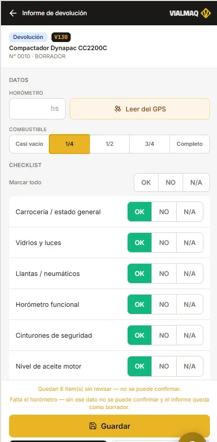 La app móvil mostrando el informe de devolución con su checklist