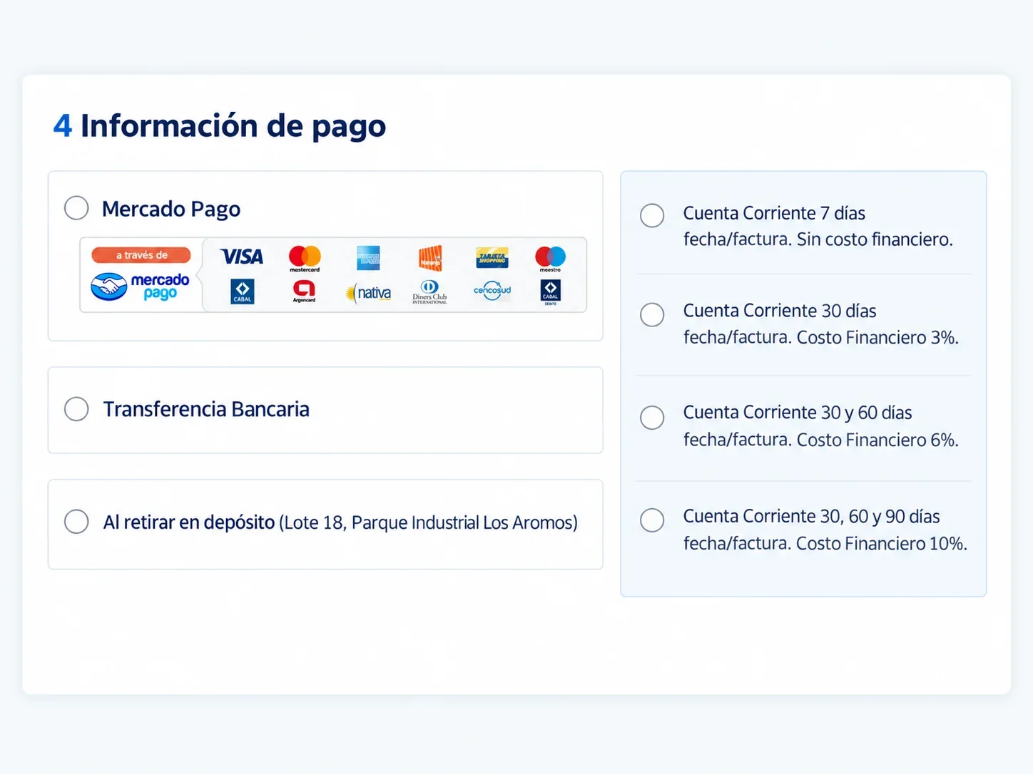Información de pago: transferencia y cuenta corriente a 7, 30, 60 y 90 días con su costo financiero