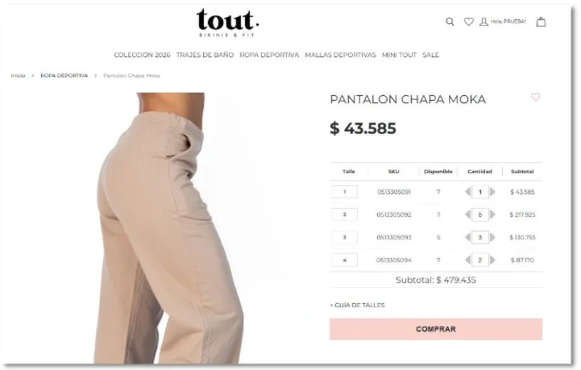 Grilla de talles con SKU, disponibilidad, cantidad y subtotal por fila