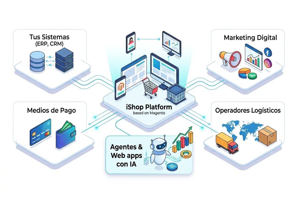 El ecosistema de iShop: la plataforma conectada a tus sistemas (ERP y CRM), medios de pago, marketing digital, operadores logísticos y agentes con IA