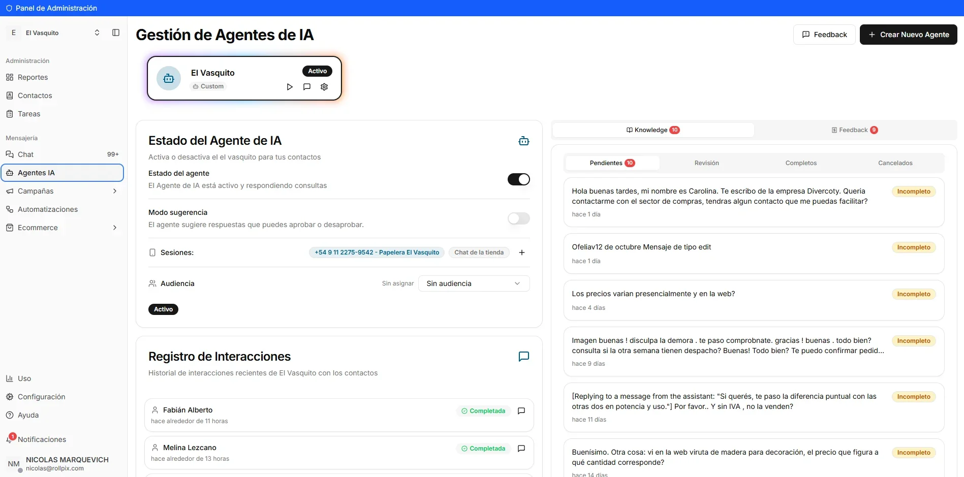 Administrador de Agentes IA de MINDO, pantalla 1