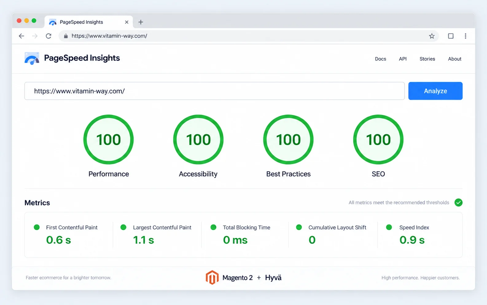 Google PageSpeed Insights con 100 en Performance, Accessibility, Best Practices y SEO para una tienda Magento 2 con Hyvä