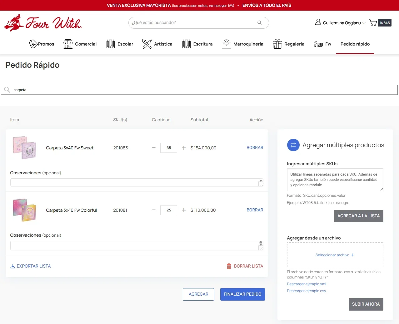 Pedido rápido: carga de múltiples SKUs pegados o desde un archivo