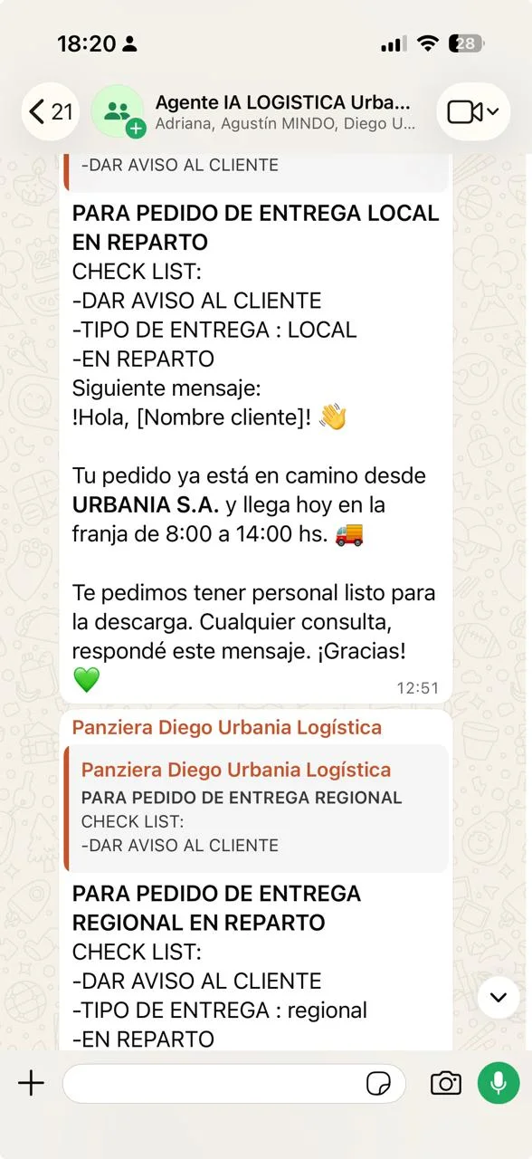 Mensajes de coordinación enviados por WhatsApp